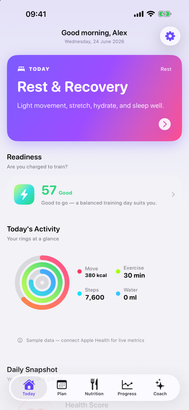 Ardenta — Today — daily readiness score & activity rings