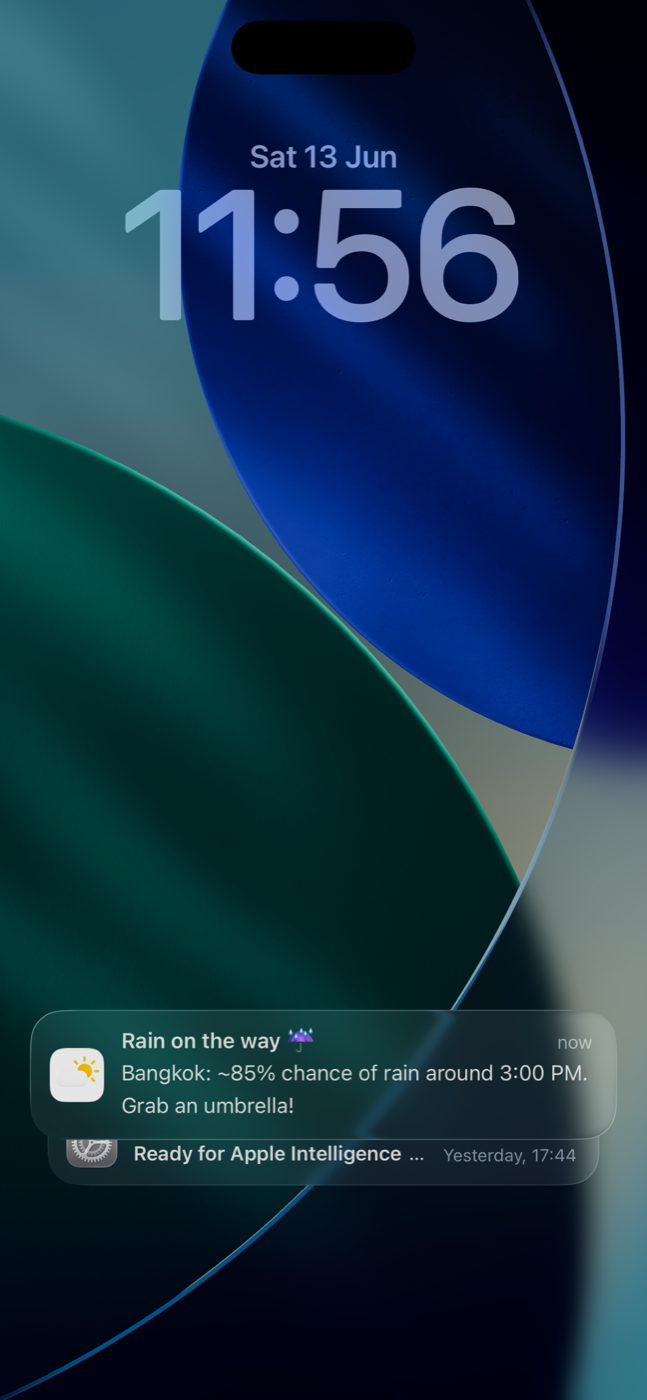 A rain alert on the lock screen, ~30 minutes ahead
